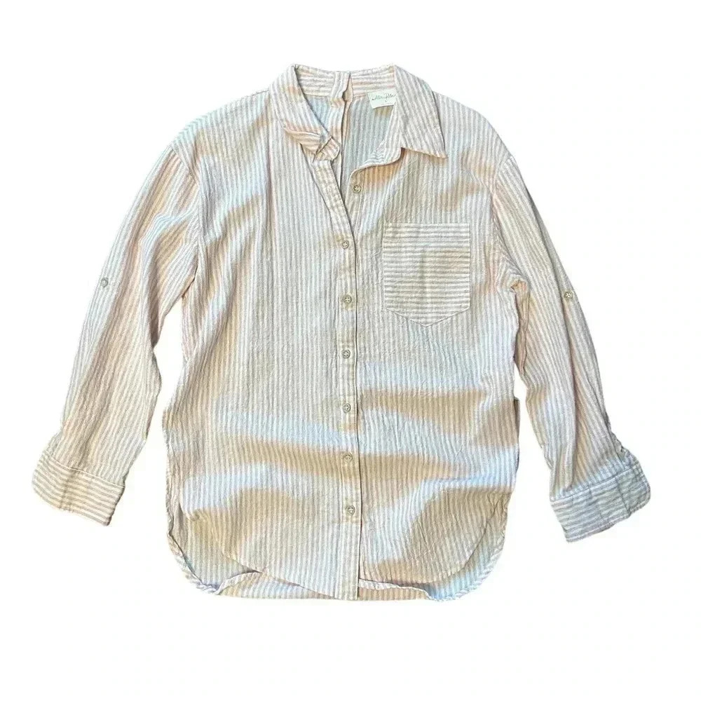 Allie Rose Breezy Cotton/Linen‎ Boyfriend Shirt Pink Stripe Women’s Small EUC